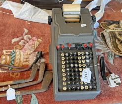 BULMERS CALCULATOR LTD MODEL 15E ADDING MACHINE ALONG WITH 3 HICKORY SHAFTED GOLF CLUBS