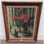 JAMES REVILLE 'STILL LIFE FLOWERS IN POT' SIGNED FRAMED OIL ON BOARD 59 CM X 44 CM