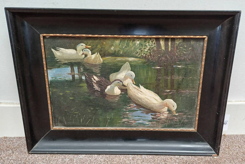 W MILLER BIRDS IN A POND SIGNED FRAMED OIL ON CANVAS 32 X 49 CM