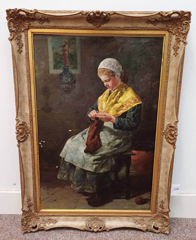 GILT FRAMED OIL ON CANVAS, GIRLS SITTING KNITTING WITH YELLOW SHAWL,