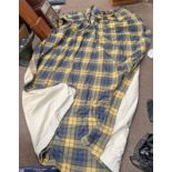 PAIR OF BLUE AND YELLOW TARTAN CURTAINS,