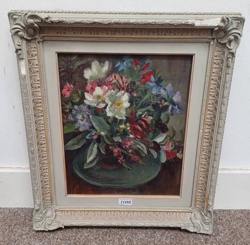 JOAN OXLAND COTTAGE FLOWERS II SIGNED TO BACK FRAMED OIL PAINTING 39 X 32 CM