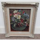 JOAN OXLAND COTTAGE FLOWERS II SIGNED TO BACK FRAMED OIL PAINTING 39 X 32 CM