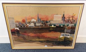 L DUNCAN - (ARR) ABERDEEN HARBOUR SCENE SIGNED FRAMED NEEDLEWORK 60 X 90 CM