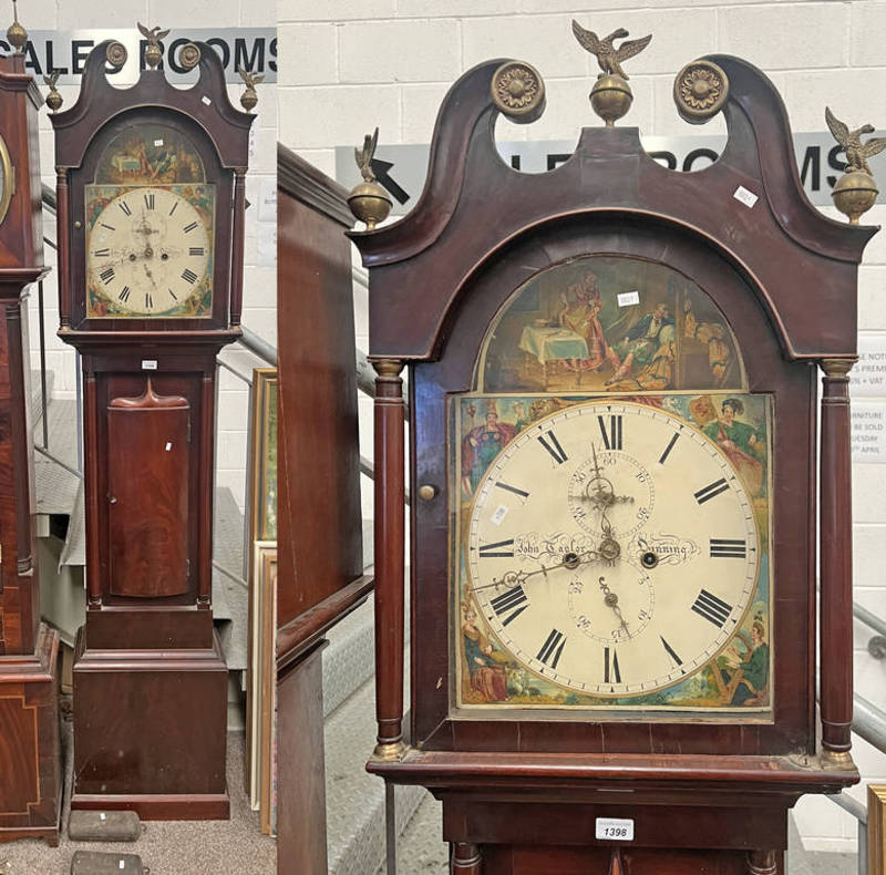 19TH CENTURY MAHOGANY GRANDFATHER CLOCK WITH PAINTED DIAL SIGNED JOHN TAYLOR,