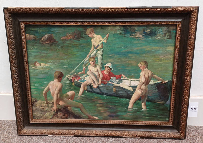 GILT FRAMED OIL PAINTING OF BOYS SWIMMING NUDE AROUND BOAT, UNSIGNED,