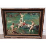 GILT FRAMED OIL PAINTING OF BOYS SWIMMING NUDE AROUND BOAT, UNSIGNED,