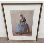 FRAMED WATERCOLOUR OF YOUNG GIRL IN BLUE DRESS WITH KETTLE, UNSIGNED,