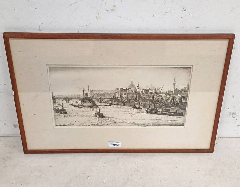 CHARLES W CAIN THE POOL OF LONDON SIGNED IN PENCIL FRAMED ETCHING 19 X 38 CM