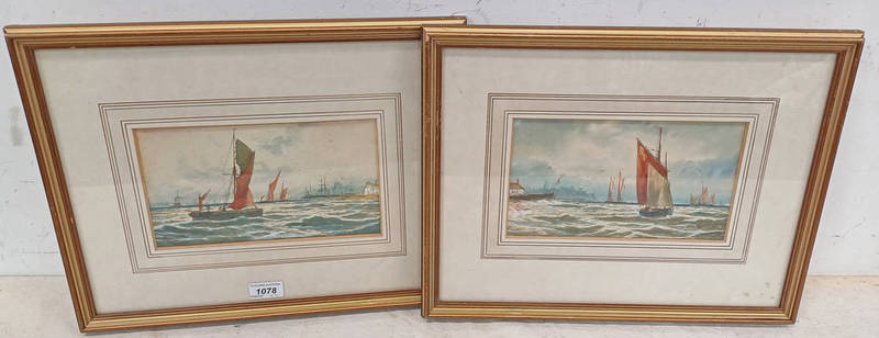 F MORTIMER SAILING BOAT SCENES SIGNED 2 FRAMED WATERCOLOURS 14 X 25 CM EACH