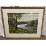 JOHN MITCHELL ON THE DEE AT DINNET SIGNED GILT FRAMED WATERCOLOUR 43 X 59 CM
