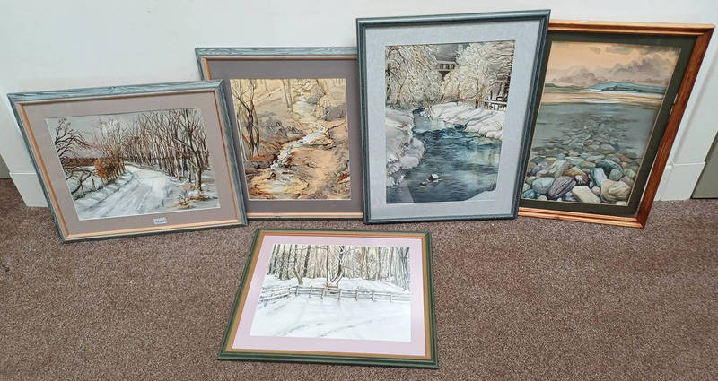 5 FRAMED WATERCOLOURS OF WINTER AND COUNTRYSIDE SCENES,