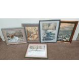 5 FRAMED WATERCOLOURS OF WINTER AND COUNTRYSIDE SCENES,