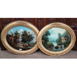 PAIR OF GILT FRAMED OVAL OIL PAINTINGS DEPICTING RURAL SCENES & FIGURES, BOTH UNSIGNED, APPROX.