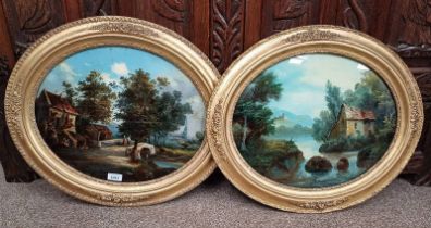 PAIR OF GILT FRAMED OVAL OIL PAINTINGS DEPICTING RURAL SCENES & FIGURES, BOTH UNSIGNED, APPROX.