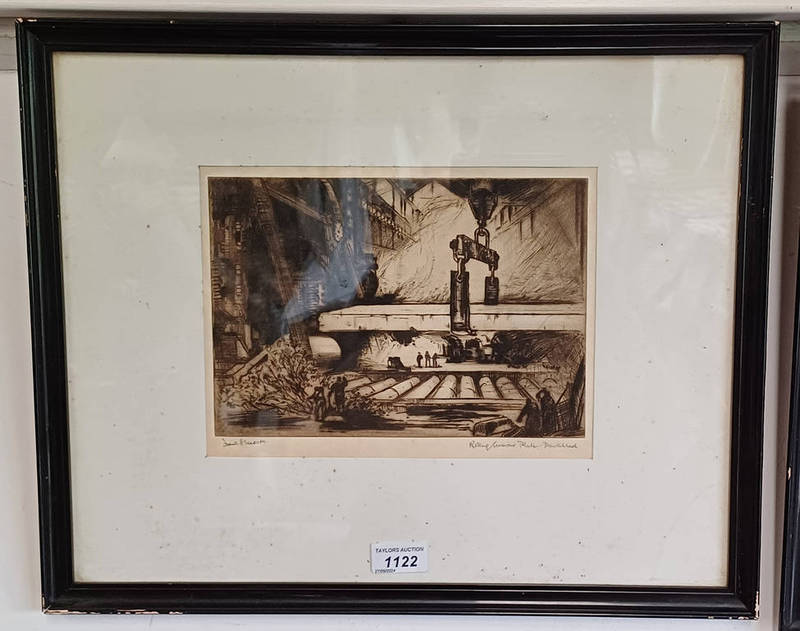 FRANK H MASON 'ROLLING ARMOUR PLATES - PARKHEAD' SIGNED IN PENCIL FRAMED ETCHING 20 CM X 26 CM