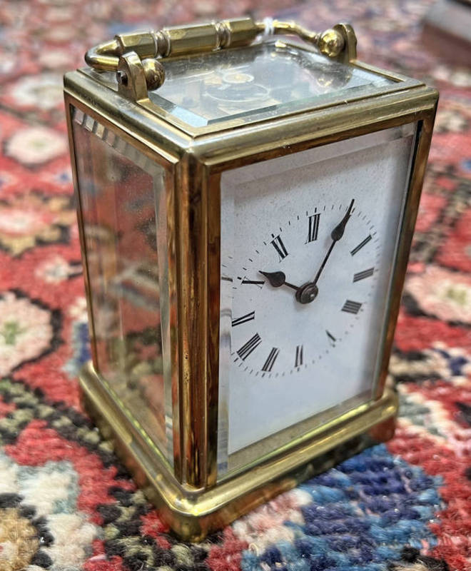 BREVETS GILT METAL CARRIAGE CLOCK, MARKED TO BASE 11.