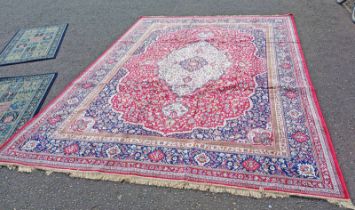 RED GROUND FULL PILE KASHMIR CARPET WITH TRADITIONAL FLORAL MEDALLION DESIGN 385 X 270CM