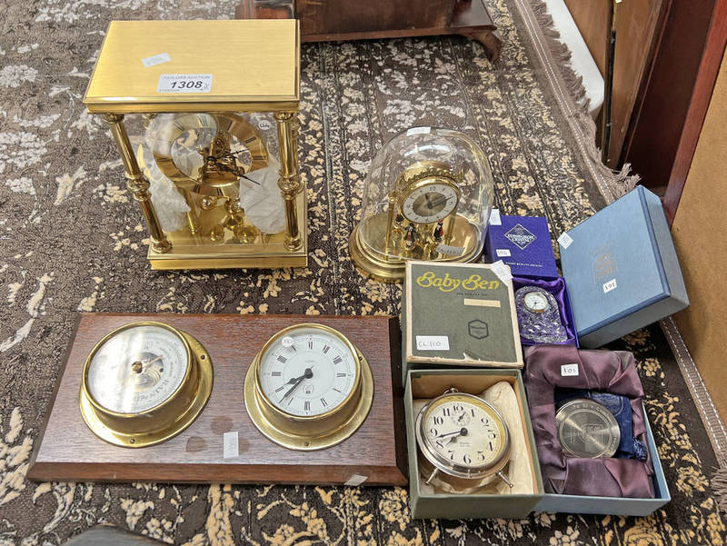 KUNDO 4 GLASS PERPETUAL BRASS CLOCK, BOXED BABY BEN ALARM CLOCK & DOME TOPPED PERPETUAL CLOCK,