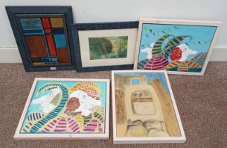 4 FRAMED OIL PAINTINGS BY MARGARET PITT OF ABSTRACT FIGURES AND SCENES AND ONE OTHER -5-
