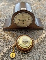 MAHOGANY MANTLE CLOCK WITH SILVERED DIAL & A HANGING BAROMETER