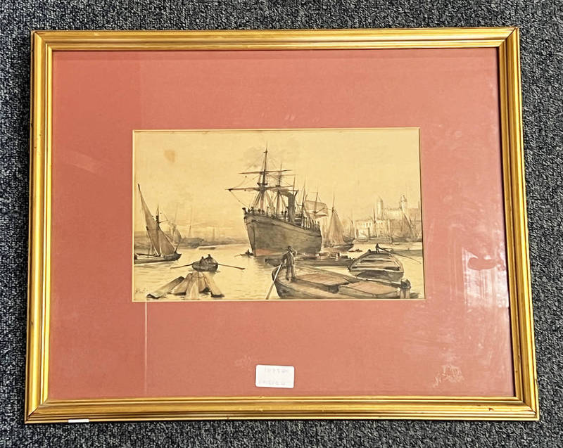 ALBERT ERNEST MARKES 'SHIPS AND BOATS IN HARBOUR' SIGNED GILT FRAMED WATERCOLOUR 18CM X 29 CM