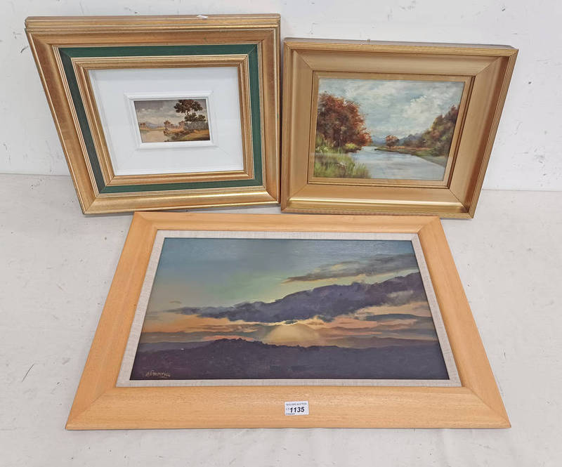 3 FRAMED OIL PAINTINGS; A F MORRICE, SUNSET, ELRICK HILL, SIGNED, M WILSON, ON THE DEE, BIELDSIDE,