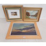 3 FRAMED OIL PAINTINGS; A F MORRICE, SUNSET, ELRICK HILL, SIGNED, M WILSON, ON THE DEE, BIELDSIDE,