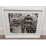 FRAMED SCREEN PRINT OF ABSTRACT BLACK AND WHITE SCENE, MONOGRAMMED INDISTINCTLY,