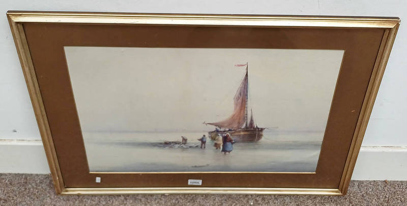 W BAKER 1922 UNLOADING THE CATCH SIGNED FRAMED WATERCOLOUR 42 X 63 CM