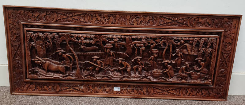 EASTERN HARDWOOD CARVING DEPICTING ORIENTAL FIGURES ON FARM LAND,