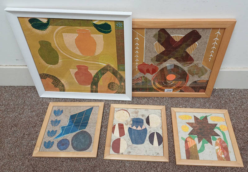 5 FRAMED COLLAGES OF ABSTRACT SCENES, ALL UNSIGNED,