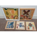 5 FRAMED COLLAGES OF ABSTRACT SCENES, ALL UNSIGNED,
