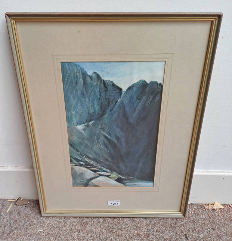 ERIC AULD - (ARR) 'BLACK SPOUT - LOCHNAGAR' SIGNED FRAMED WATERCOLOUR AND PASTEL 38 CM X 24 CM