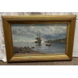 SAILING SHIP IN A HIGHLAND BAY SIGNED INDISTINCTLY GILT FRAMED OIL PAINTING 38 X 64 CM