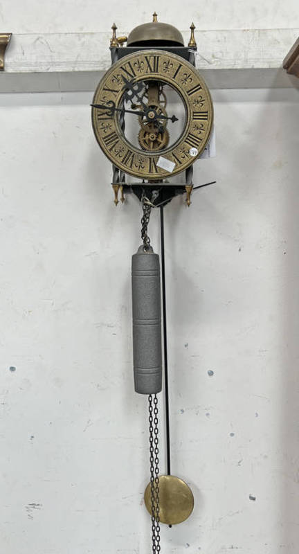 SMALL BRASS SKELETON WALL CLOCK WITH PENDULUM,