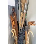 SELECTION OF FISHING RODS & WALKING STICKS TO INCLUDE HORSE & DOG HEADED STICKS, MALLOCH ROD,