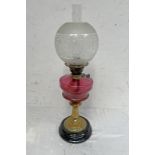 LATE 19TH CENTURY OR EARLY 20TH CENTURY CRANBERRY GLASS PARAFFIN LAMP WITH ETCHED GLASS GLOBE