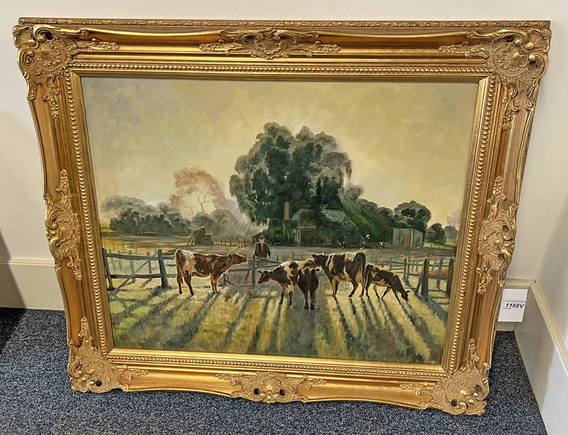 T WILLIS CATTLE IN FIELD SIGNED GILT FRAMED OIL ON CANVAS 50CM X 60CM