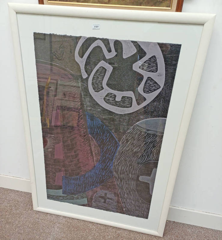 MARGARET PITT ABSTRACT CASTLE TOWER SIGNED TO REVERSE FRAMED SCREENPRINT 113 X 76 CM