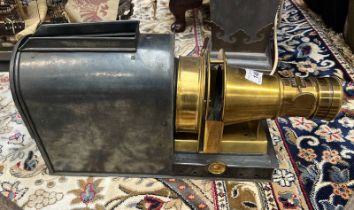 19TH CENTURY BLUED STEEL & BRASS MAGIC LANTERN WITH CASE BEARING LABEL FOR J BLENCOWE COOKSON