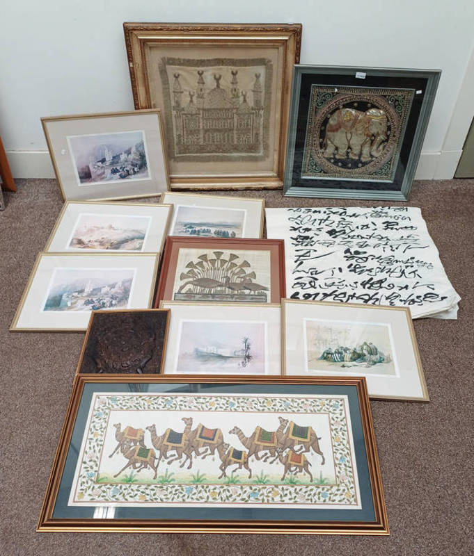SELECTION OF ORIENTAL PICTURES TO INCLUDE, SEWNWORK PICTURE OF AN ELEPHANT,