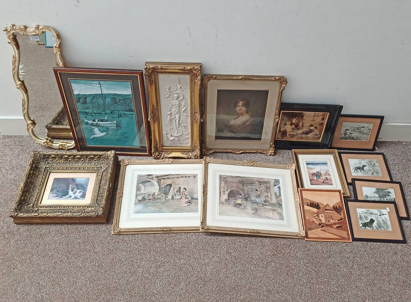 GOOD SELECTION OF PRINTS, ETC TO INCLUDE; GILT FRAMED PLAQUE OF A LADY SURROUNDED BY CHERUBS,