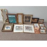 GOOD SELECTION OF PRINTS, ETC TO INCLUDE; GILT FRAMED PLAQUE OF A LADY SURROUNDED BY CHERUBS,