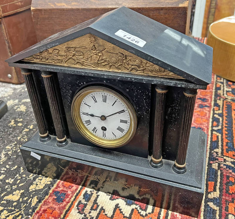 LATE 19TH OR EARLY 20TH CENTURY BLACK HARDSTONE MANTLE CLOCK WITH CORINTHIAN COLUMNS