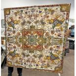 20TH CENTURY WALL TAPESTRY DECORATED WITH WARRIORS ON ELEPHANTS ETC 138CM X 143CM