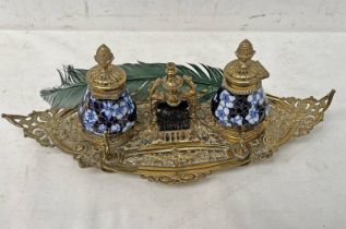 EARLY 20TH CENTURY BRASS & PORCELAIN INKWELL STAND,