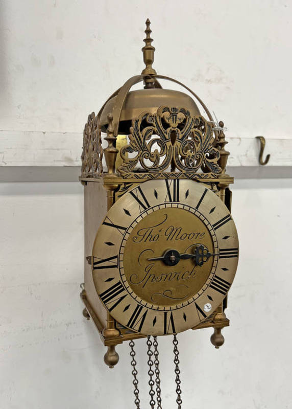 18TH CENTURY STYLE BRASS LANTERN CLOCK MARKED THOMAS MOORE ,