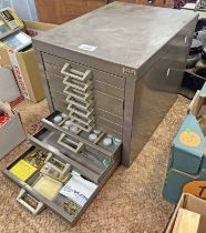 METAL 10 DRAWER UNIT WITH CONTENTS OF VARIOUS CLOCK PARTS