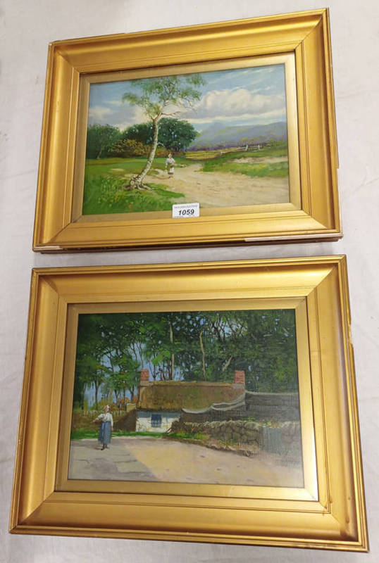 PAIR OF GILT FRAMED OIL PAINTING DEPICTING RURAL SCENES & A WOMAN, BOTH UNSIGNED,